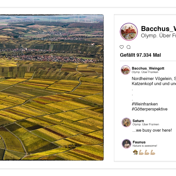 Weingott Bacchus p(r)postet aus dem Olymp