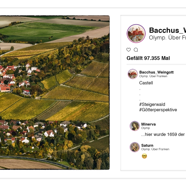 Weingott Bacchus p(r)postet aus dem Olymp