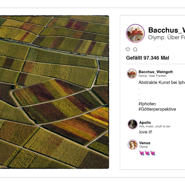 Weingott Bacchus p(r)postet aus dem Olymp