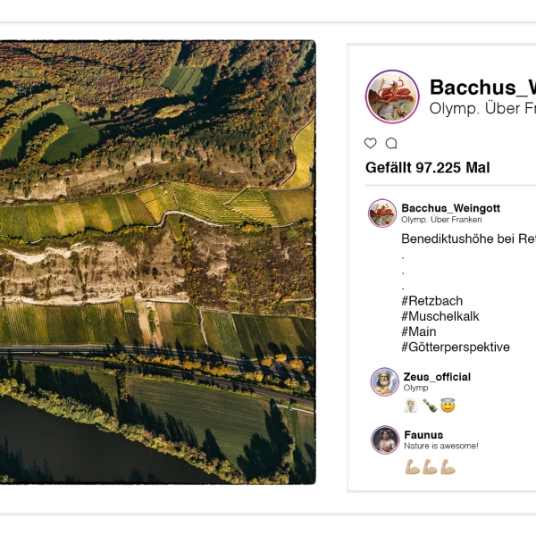Weingott Bacchus p(r)postet aus dem Olymp