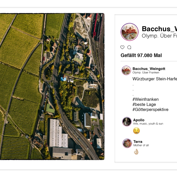 Weingott Bacchus p(r)postet aus dem Olymp